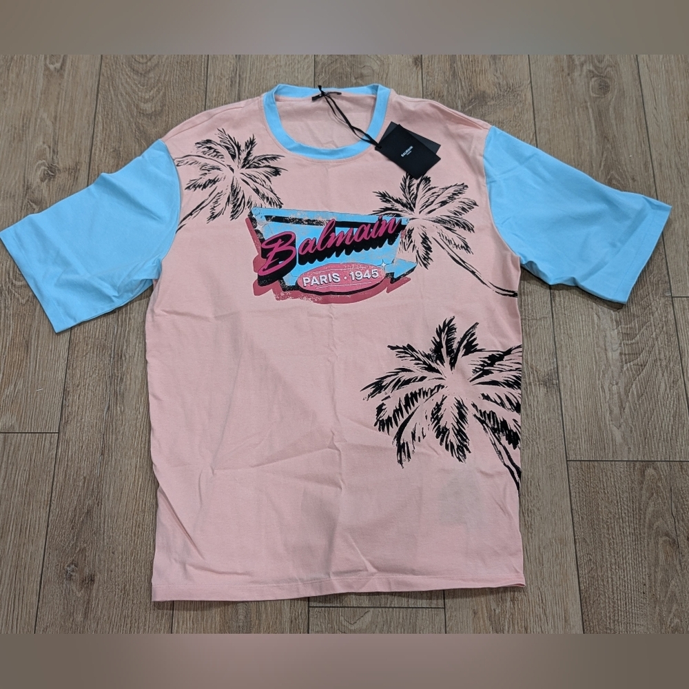 $650 Mens BALMAIN Miami Graphic Oversized Crewneck T-Shirt Salmon Medium